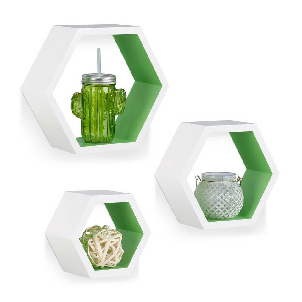 relaxdays Wandregal »Wandregal sechseckig 3er Set M«, Braun Weiß Grün, Weiß Hellblau, Weiß Lila 12 relaxdays Wandregal »Wandregal sechseckig 3er Set M«, Braun Weiß Grün, Weiß Hellblau, Weiß Lila – Bild 12