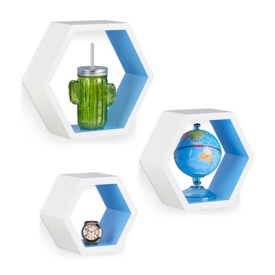 relaxdays Wandregal »Wandregal sechseckig 3er Set M«, Braun Weiß Grün, Weiß Hellblau, Weiß Lila 11 relaxdays Wandregal »Wandregal sechseckig 3er Set M«, Braun Weiß Grün, Weiß Hellblau, Weiß Lila – Bild 11