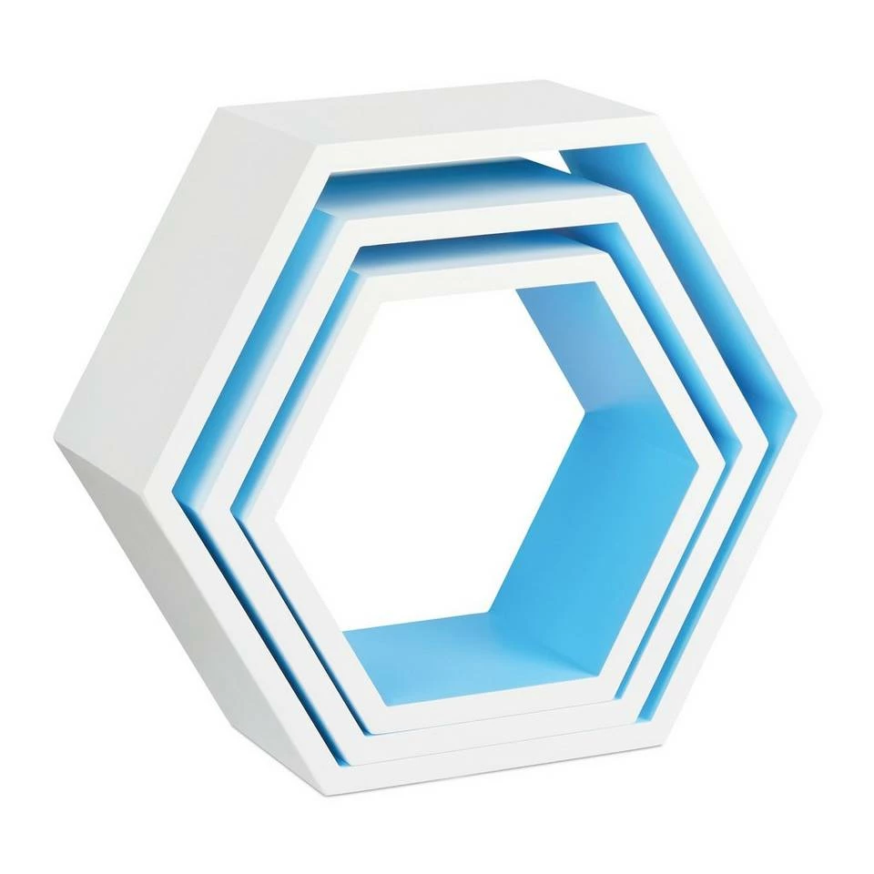 relaxdays Wandregal »Wandregal sechseckig 3er Set L«, Weiß-Blau Weiß Hellblau, Weiß Grün, Braun, Weiß 4 relaxdays Wandregal »Wandregal sechseckig 3er Set L«, Weiß-Blau Weiß Hellblau, Weiß Grün, Braun, Weiß – Bild 4