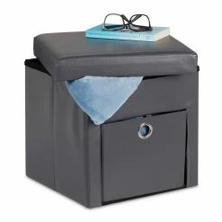 relaxdays Sitzhocker »Grauer Sitzhocker mit Schublade«, faltbar