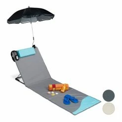 relaxdays Gartenliege »Strandmatte mit Sonnenschirm«, Grau