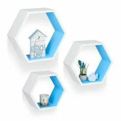 relaxdays Wandregal »Wandregal sechseckig 3er Set L«, Weiß-Blau Wei&szlig; Hellblau, Wei&szlig; Gr&uuml;n, Braun, Wei&szlig;
